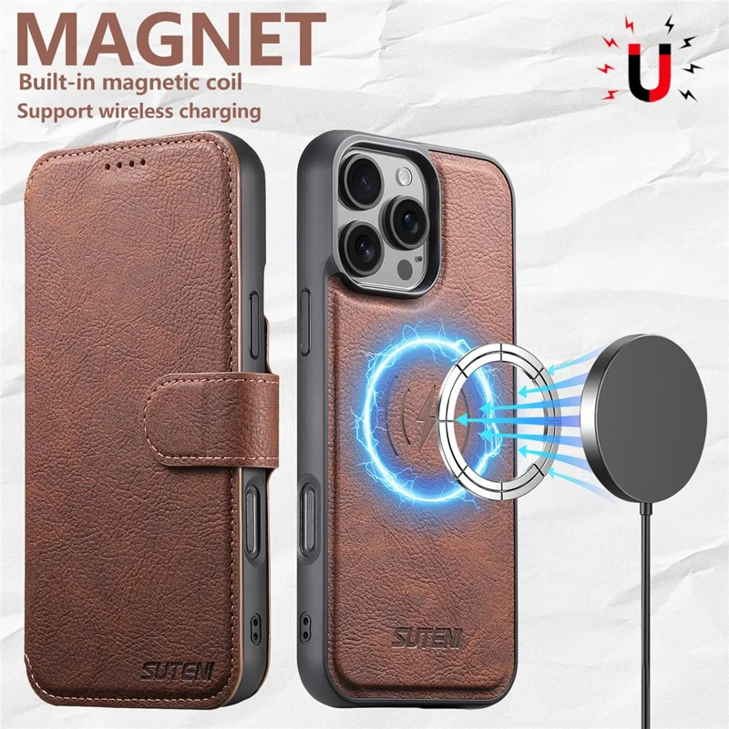 SUTENI Q-05 For iPhone 16 Pro Max Case Detachable Wallet Stand Litchi Texture Leather Flip Phone Cover - Brown