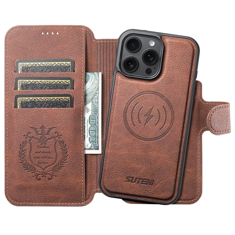 SUTENI Q-05 For iPhone 16 Pro Max Case Detachable Wallet Stand Litchi Texture Leather Flip Phone Cover - Brown