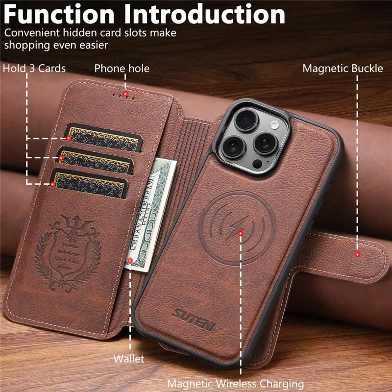 SUTENI Q-05 For iPhone 16 Pro Max Case Detachable Wallet Stand Litchi Texture Leather Flip Phone Cover - Brown