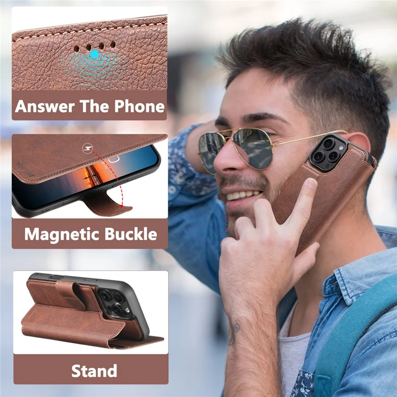 SUTENI Q-05 For iPhone 16 Pro Max Case Detachable Wallet Stand Litchi Texture Leather Flip Phone Cover - Brown