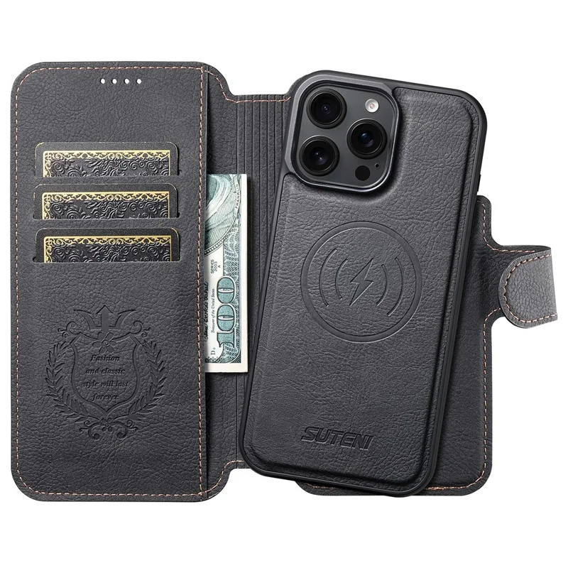 SUTENI Q-05 For iPhone 16 Pro Case Detachable Wallet Stand Litchi Texture Leather Flip Phone Cover - Black