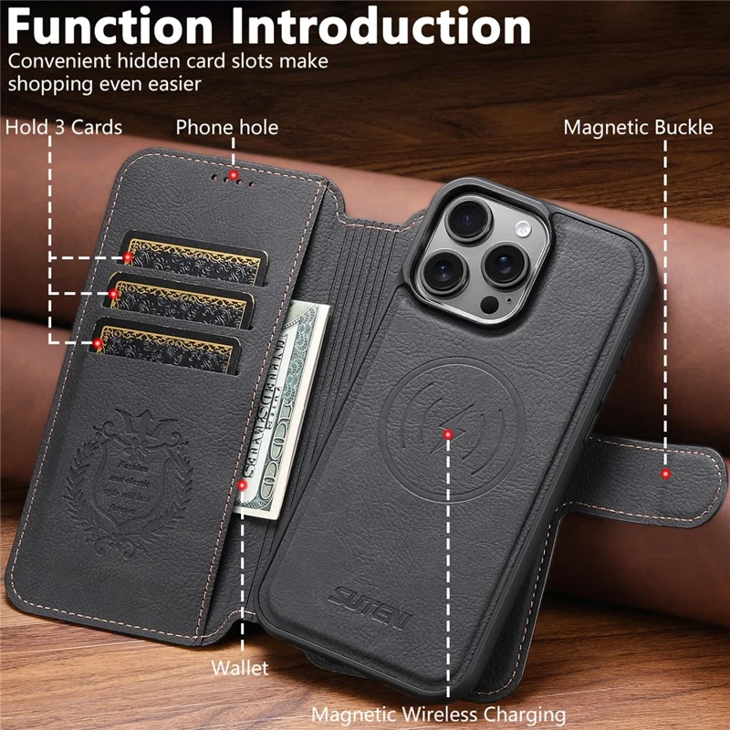 SUTENI Q-05 For iPhone 16 Pro Case Detachable Wallet Stand Litchi Texture Leather Flip Phone Cover - Black