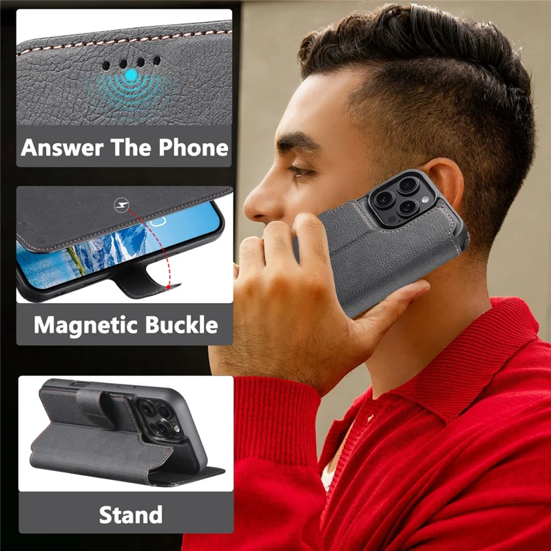 SUTENI Q-05 For iPhone 16 Pro Case Detachable Wallet Stand Litchi Texture Leather Flip Phone Cover - Black