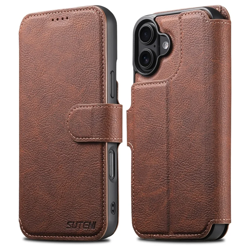 SUTENI Q-05 Cover a Portafoglio Staccabile con Supporto per iPhone 16 Plus - Texture Effetto Pelle di Litchi, Marrone