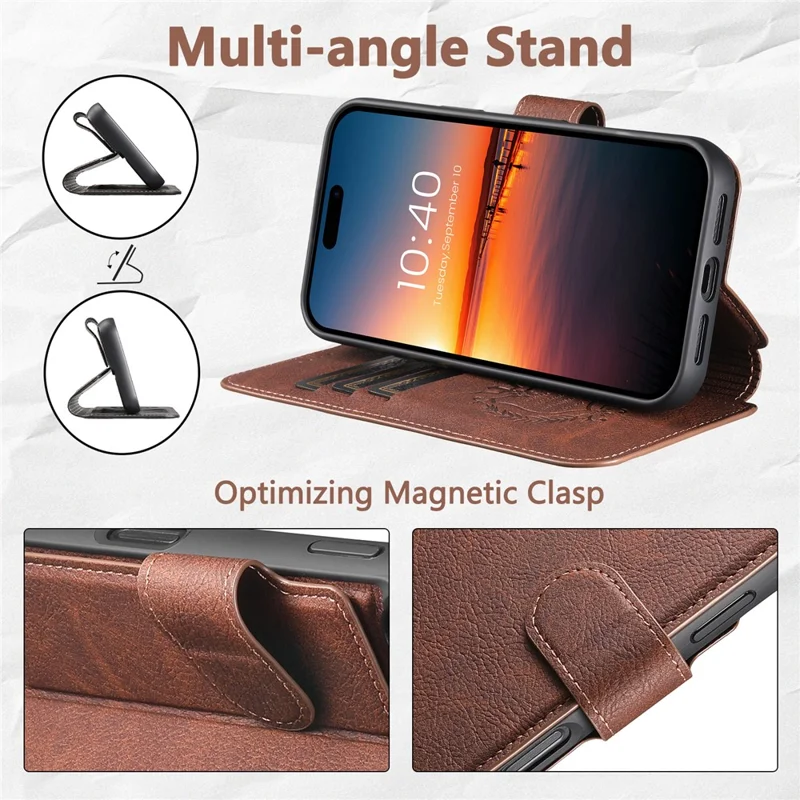SUTENI Q-05 Cover a Portafoglio Staccabile con Supporto per iPhone 16 Plus - Texture Effetto Pelle di Litchi, Marrone