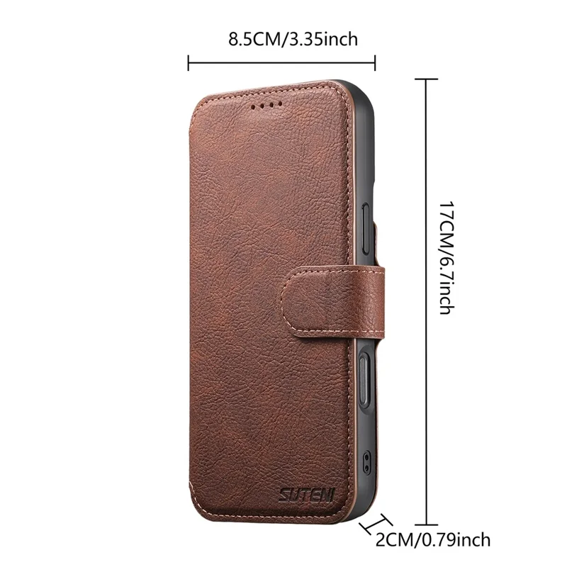 SUTENI Q-05 Cover a Portafoglio Staccabile con Supporto per iPhone 16 Plus - Texture Effetto Pelle di Litchi, Marrone