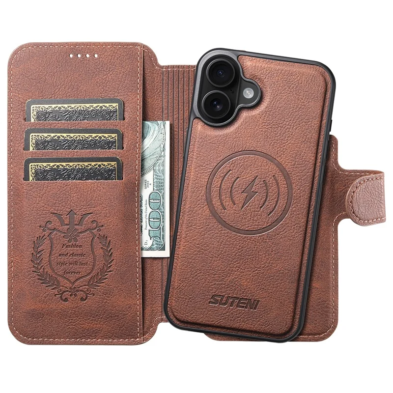 SUTENI Q-05 Cover a Portafoglio Staccabile con Supporto per iPhone 16 Plus - Texture Effetto Pelle di Litchi, Marrone