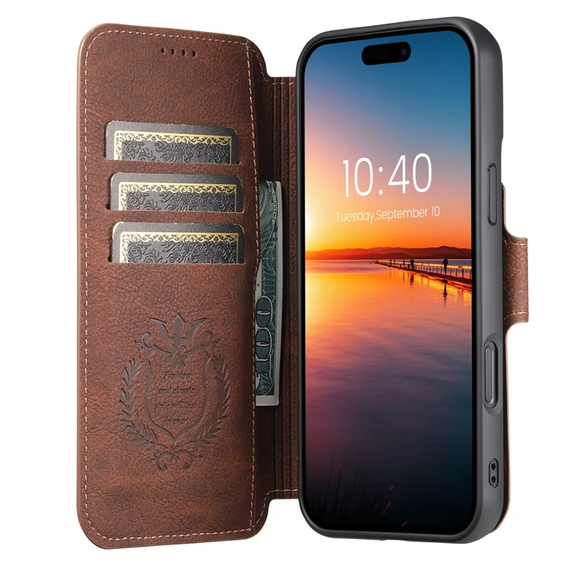 SUTENI Q-05 Cover a Portafoglio Staccabile con Supporto per iPhone 16 Plus - Texture Effetto Pelle di Litchi, Marrone
