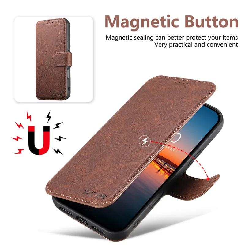 SUTENI Q-05 Cover a Portafoglio Staccabile con Supporto per iPhone 16 Plus - Texture Effetto Pelle di Litchi, Marrone
