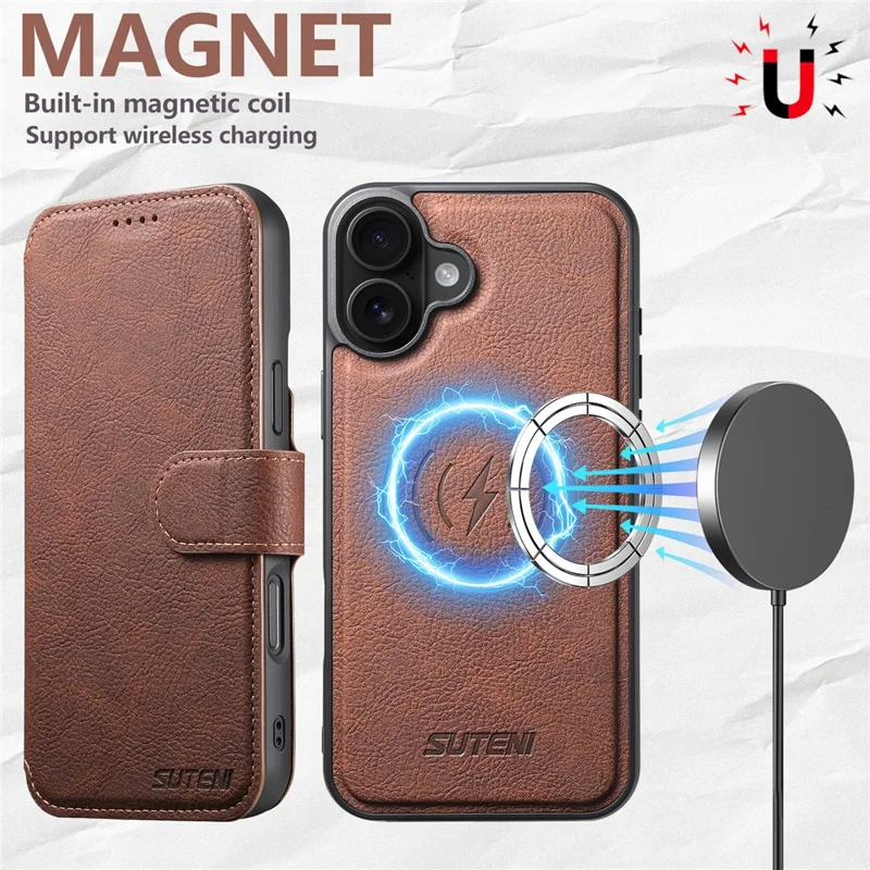 SUTENI Q-05 Cover a Portafoglio Staccabile con Supporto per iPhone 16 Plus - Texture Effetto Pelle di Litchi, Marrone