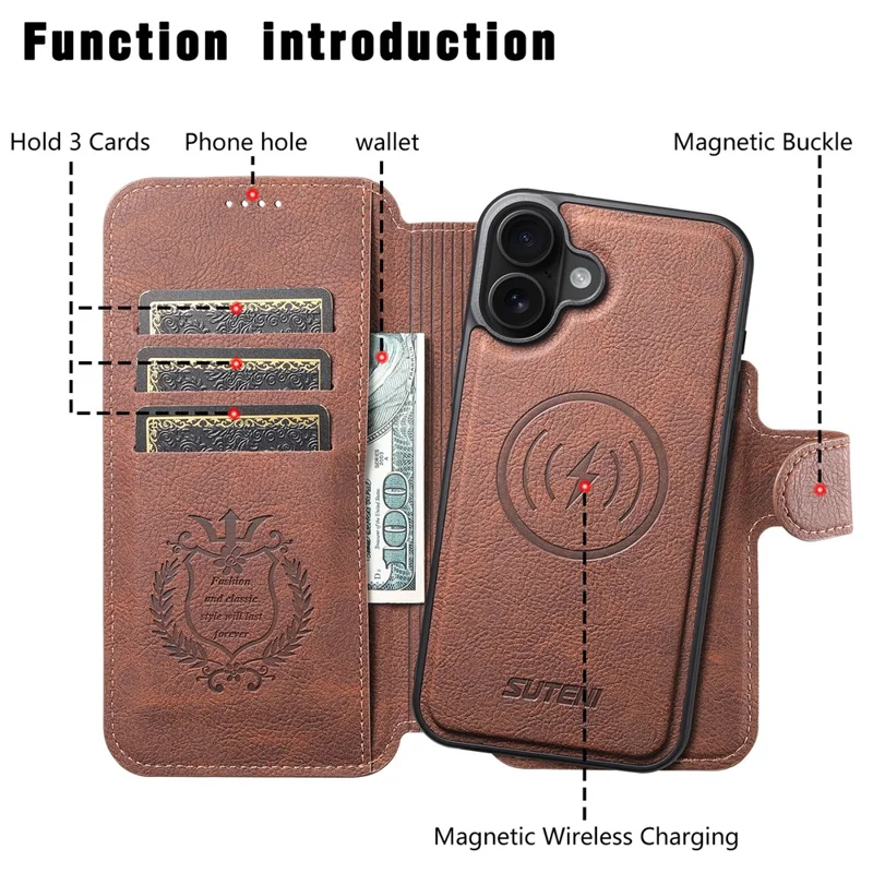 SUTENI Q-05 Cover a Portafoglio Staccabile con Supporto per iPhone 16 Plus - Texture Effetto Pelle di Litchi, Marrone