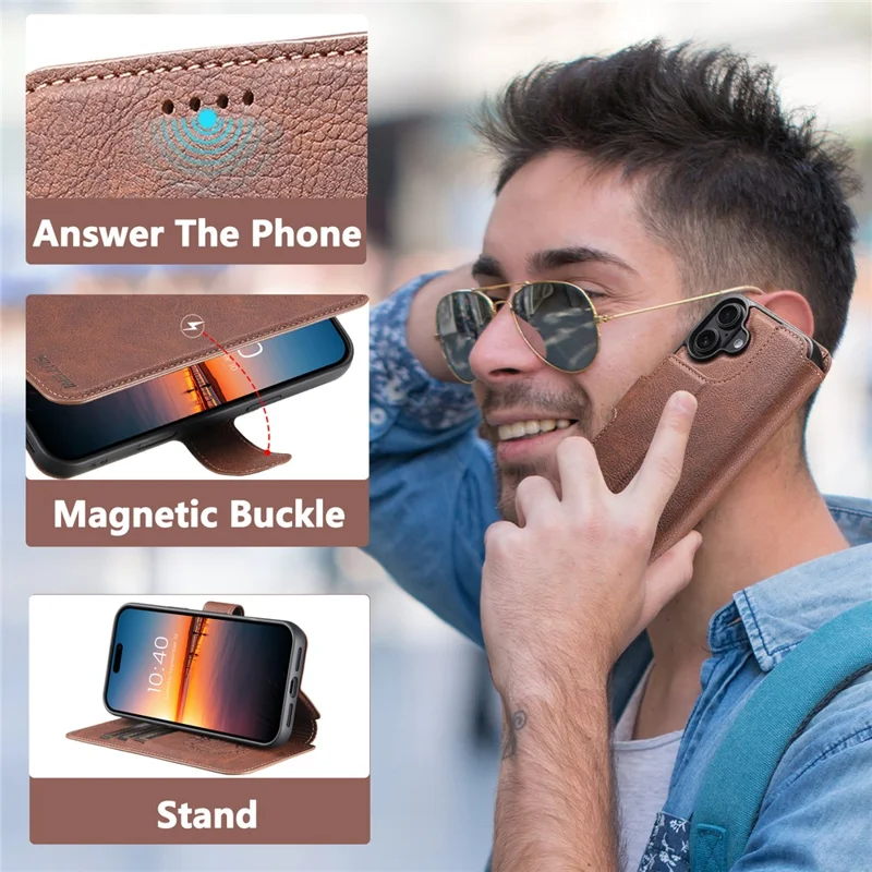 SUTENI Q-05 Cover a Portafoglio Staccabile con Supporto per iPhone 16 Plus - Texture Effetto Pelle di Litchi, Marrone