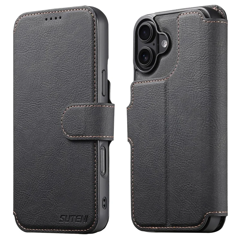 SUTENI Q-05 Capa de Carteira Destacável com Suporte para iPhone 16 - Textura de Couro Estilo Lichia, Preta