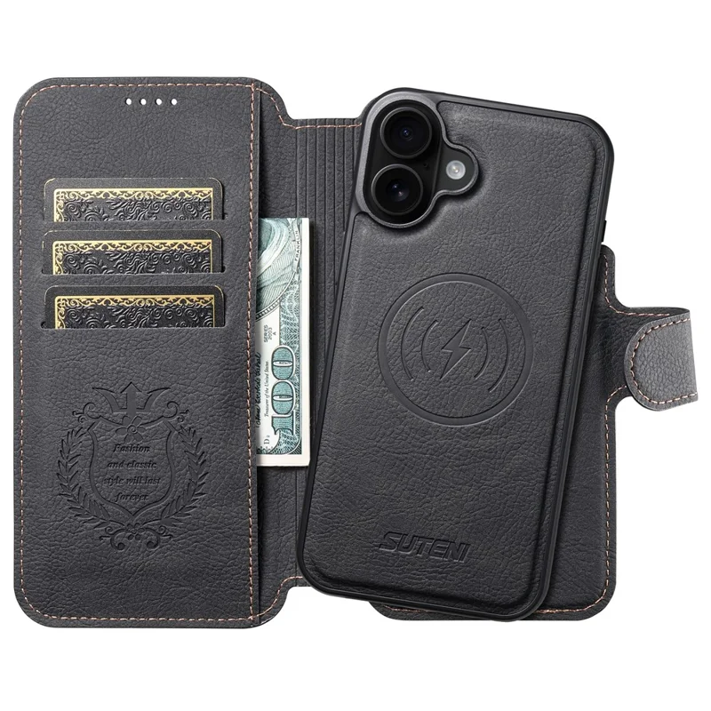 SUTENI Q-05 Capa de Carteira Destacável com Suporte para iPhone 16 - Textura de Couro Estilo Lichia, Preta