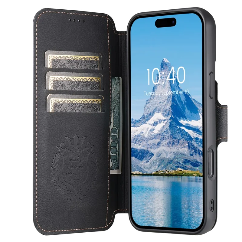 SUTENI Q-05 Capa de Carteira Destacável com Suporte para iPhone 16 - Textura de Couro Estilo Lichia, Preta