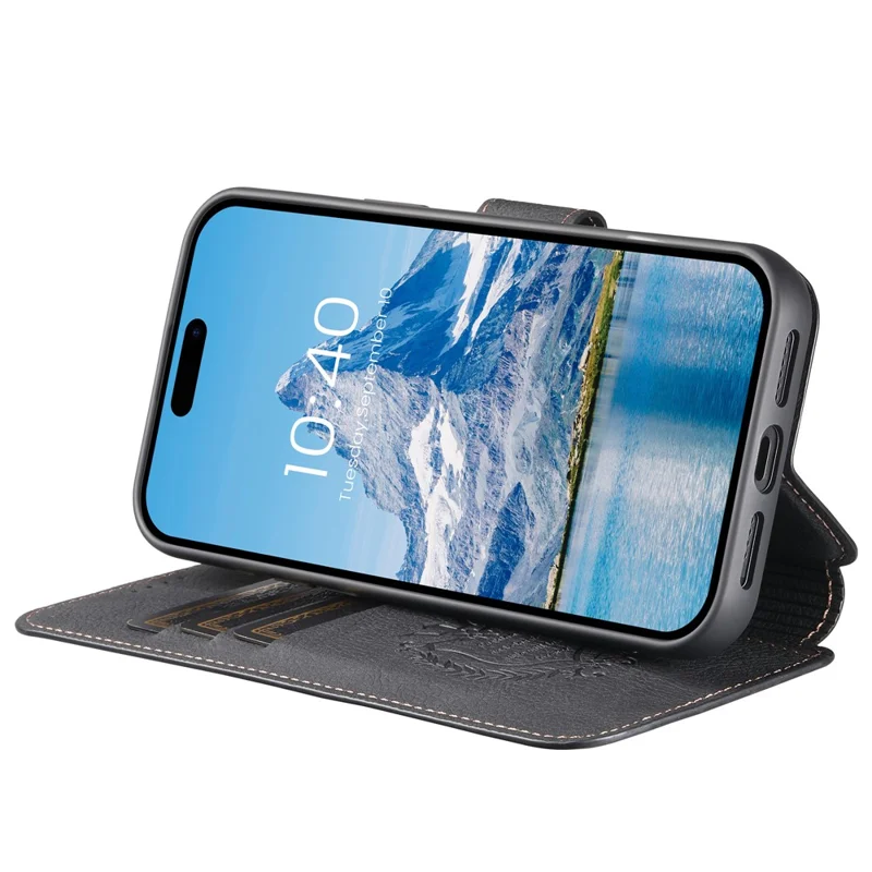 SUTENI Q-05 Capa de Carteira Destacável com Suporte para iPhone 16 - Textura de Couro Estilo Lichia, Preta