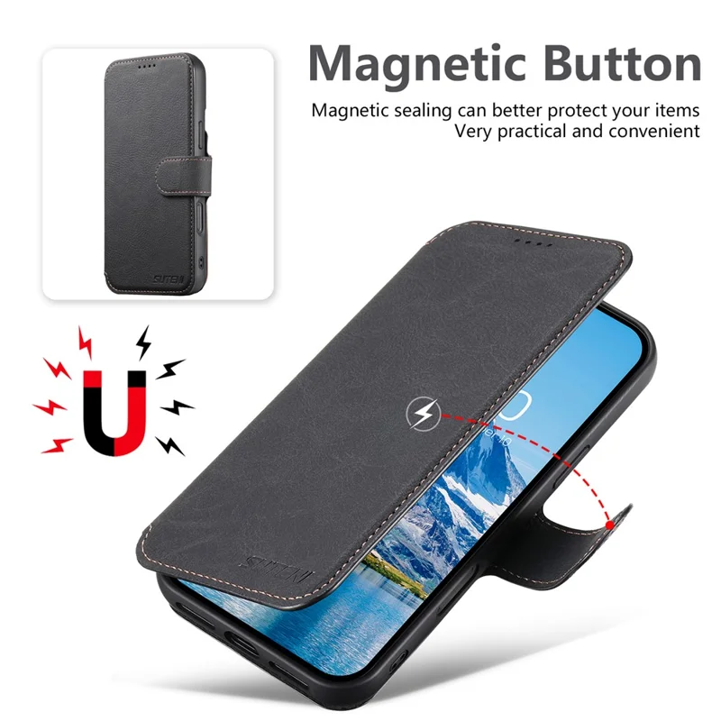 SUTENI Q-05 Capa de Carteira Destacável com Suporte para iPhone 16 - Textura de Couro Estilo Lichia, Preta