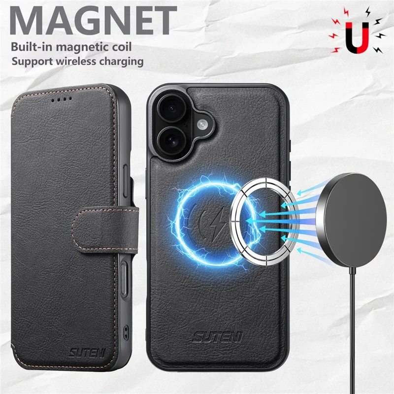 SUTENI Q-05 Capa de Carteira Destacável com Suporte para iPhone 16 - Textura de Couro Estilo Lichia, Preta