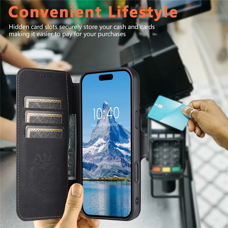 SUTENI Q-05 Capa de Carteira Destacável com Suporte para iPhone 16 - Textura de Couro Estilo Lichia, Preta