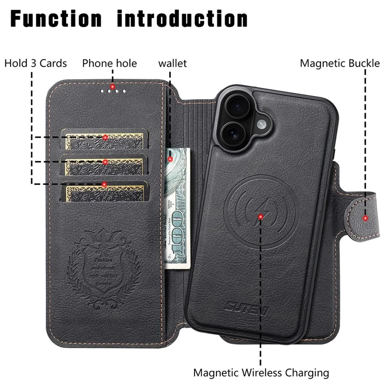 SUTENI Q-05 Capa de Carteira Destacável com Suporte para iPhone 16 - Textura de Couro Estilo Lichia, Preta