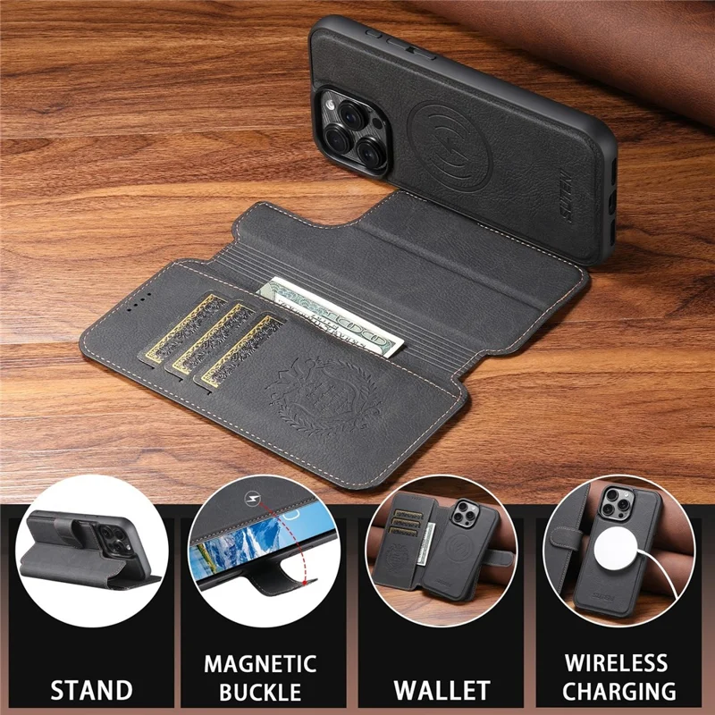 SUTENI Q-05 For iPhone 15 Pro Max Case Detachable Wallet Stand Litchi Texture Leather Flip Phone Cover - Black