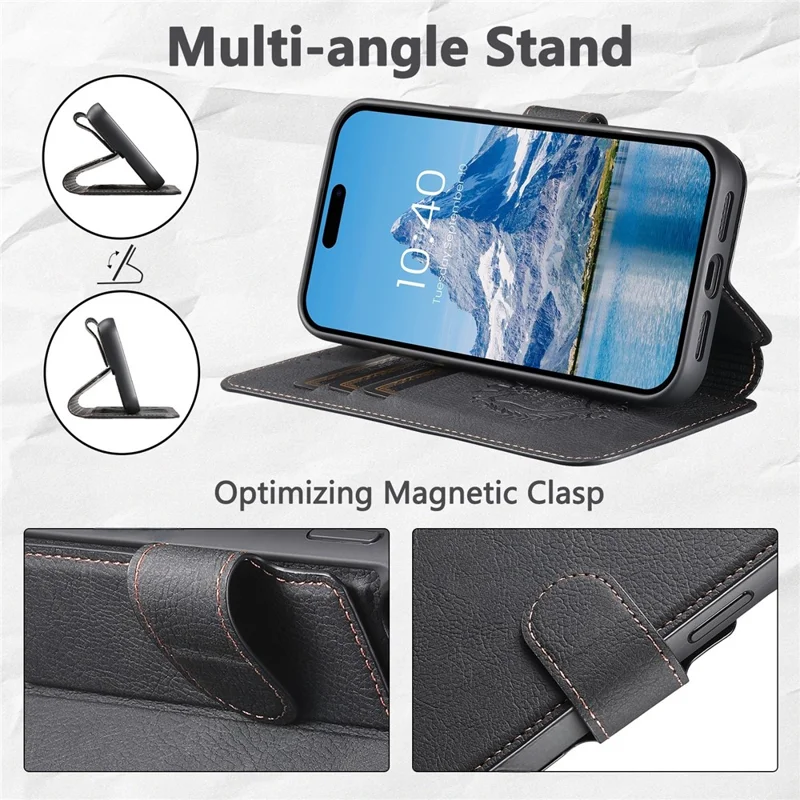 SUTENI Q-05 For iPhone 15 Pro Max Case Detachable Wallet Stand Litchi Texture Leather Flip Phone Cover - Black