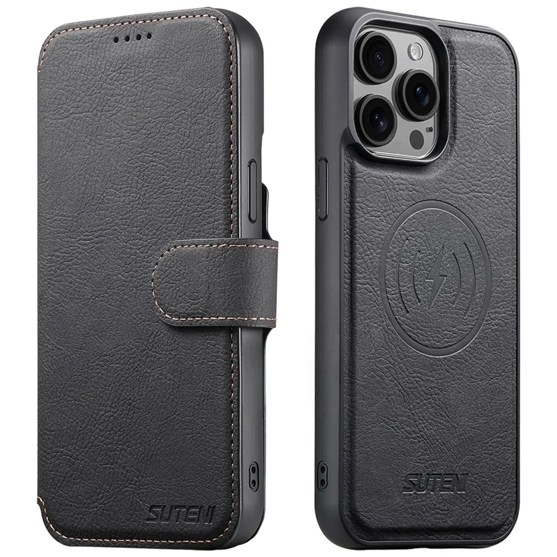 SUTENI Q-05 For iPhone 15 Pro Case Detachable Wallet Stand Litchi Texture Leather Flip Phone Cover - Black