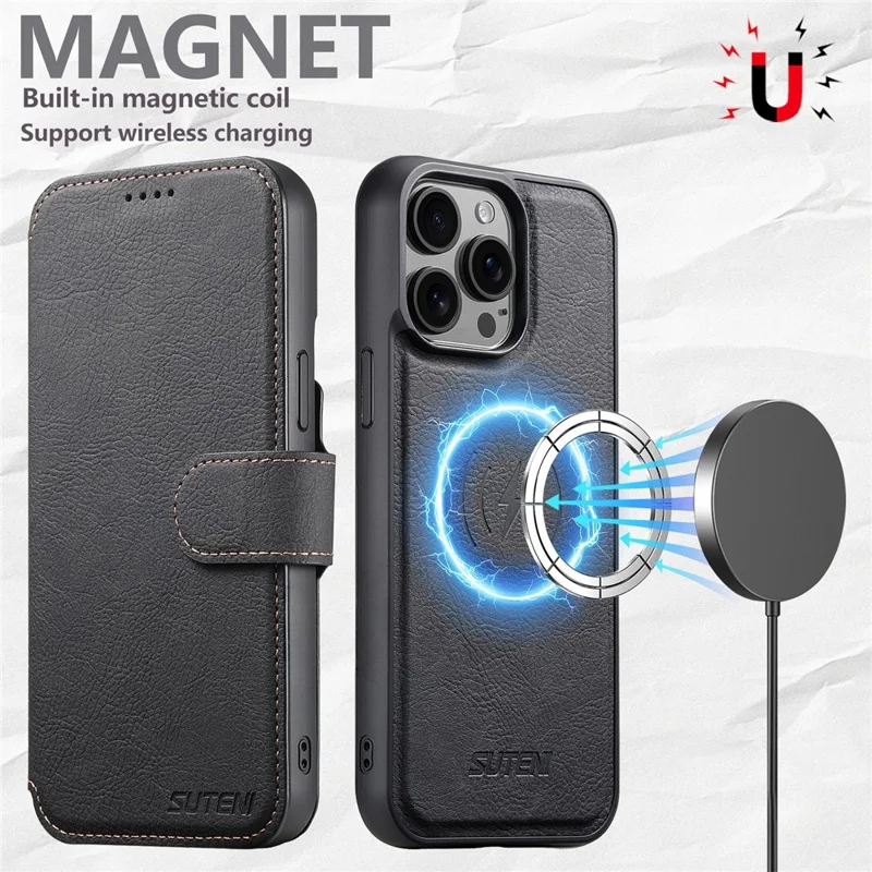 SUTENI Q-05 For iPhone 15 Pro Case Detachable Wallet Stand Litchi Texture Leather Flip Phone Cover - Black