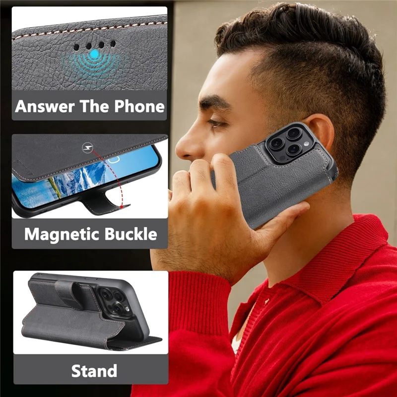 SUTENI Q-05 For iPhone 15 Pro Case Detachable Wallet Stand Litchi Texture Leather Flip Phone Cover - Black