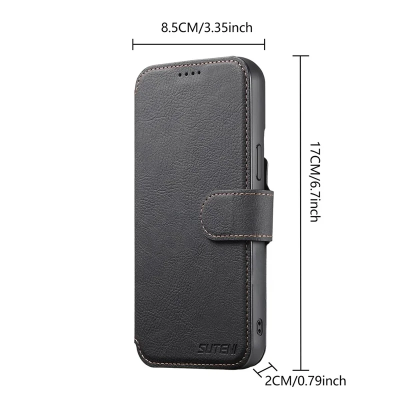 SUTENI Q-05 For iPhone 15 Pro Case Detachable Wallet Stand Litchi Texture Leather Flip Phone Cover - Black