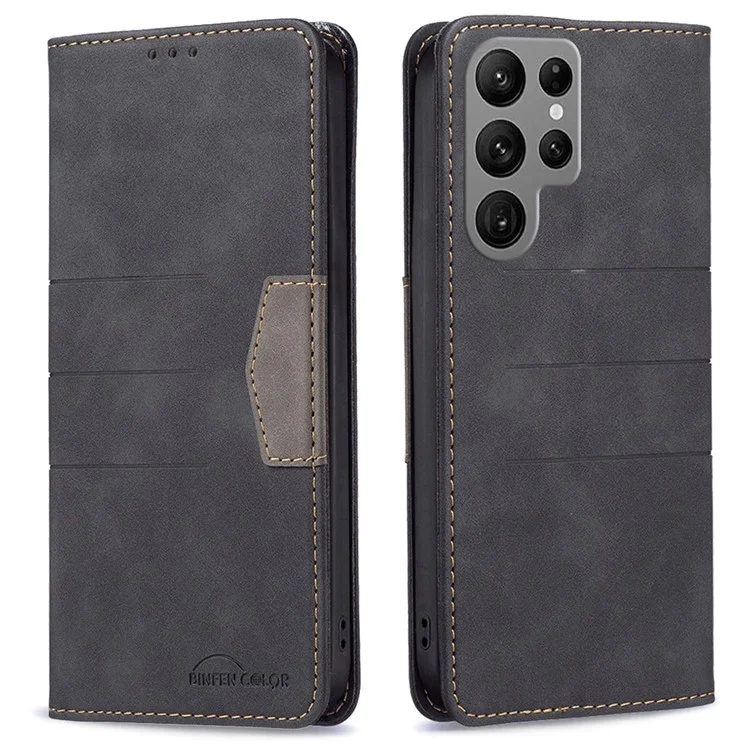 BINFEN COLOR BF Leather Series-1 per Samsung Galaxy S23 Ultra Custodia per telefono in pelle con effetto colorato stile 10 righe impresse Chiusura magnetica auto-assorbente Portafoglio a libro - Nero