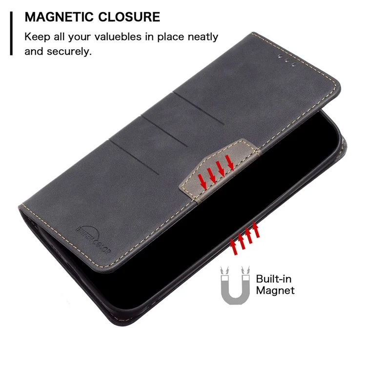 BINFEN COLOR BF Leather Series-1 per Samsung Galaxy S23 Ultra Custodia per telefono in pelle con effetto colorato stile 10 righe impresse Chiusura magnetica auto-assorbente Portafoglio a libro - Nero