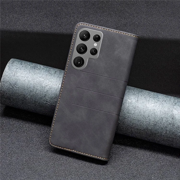 BINFEN COLOR BF Leather Series-1 per Samsung Galaxy S23 Ultra Custodia per telefono in pelle con effetto colorato stile 10 righe impresse Chiusura magnetica auto-assorbente Portafoglio a libro - Nero
