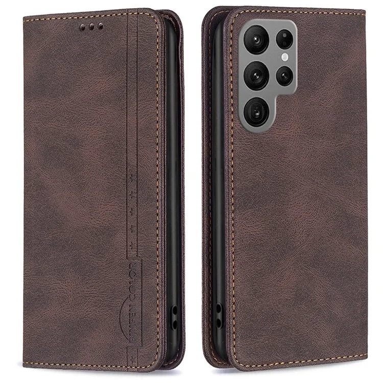 Binfen Color BF Leath Series-5 Pour Samsung Galaxy S23 Ultra RFID Blocking Anti-drop Phone Case Style-08 Magnetine Closure PU le Cuir Stand Flip Wallet Couvercle - Brun