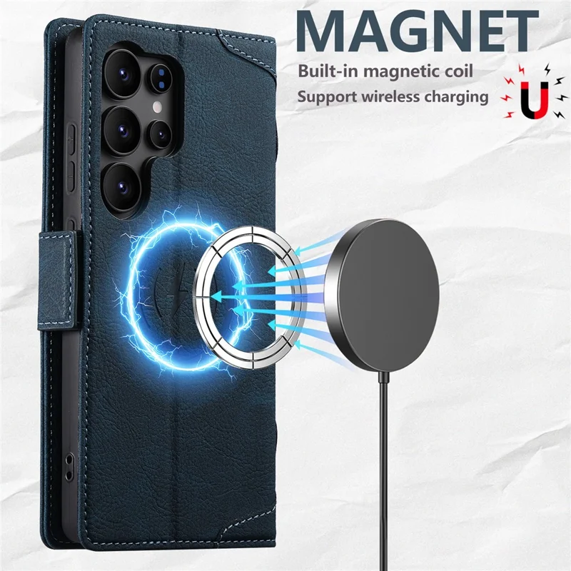 SUTENI J07 per Samsung Galaxy S23 Ultra Cover Compatibile con MagSafe, Portafoglio in Pelle Effetto Litchi - Blu