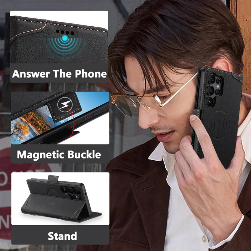 SUTENI J07 Чехол для Samsung Galaxy S24 Ultra совместимый с MagSafe, с текстурой личи, кожаный бумажник, чехол для телефона - черный