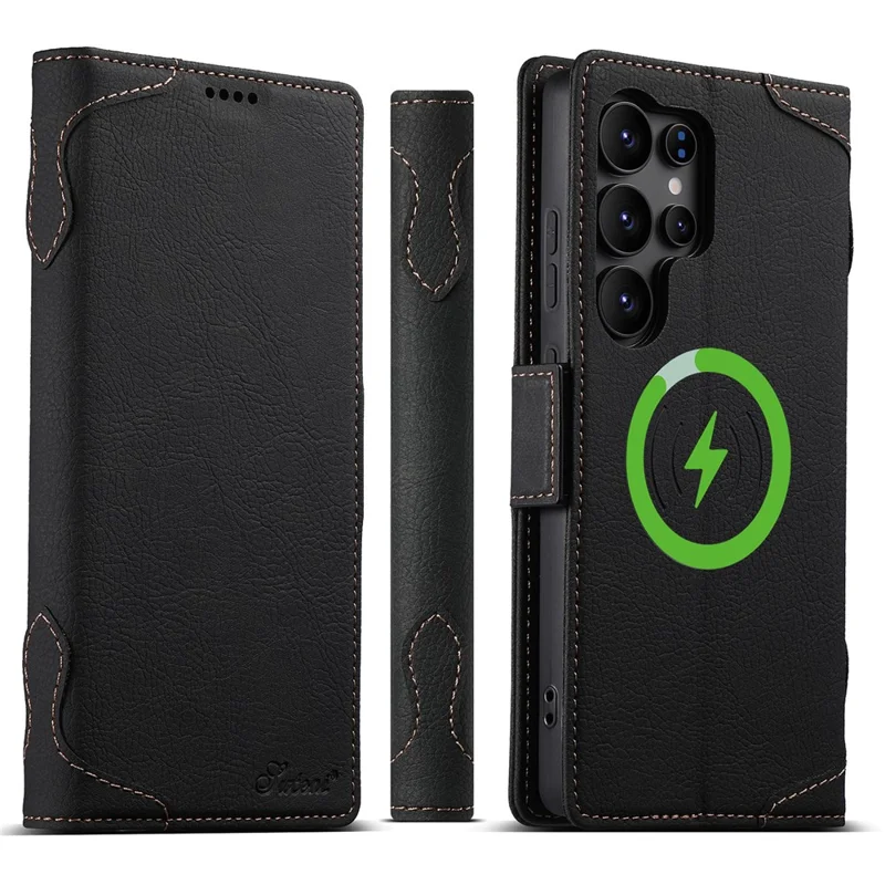 SUTENI J07 Чехол для Samsung Galaxy S24 Ultra совместимый с MagSafe, с текстурой личи, кожаный бумажник, чехол для телефона - черный