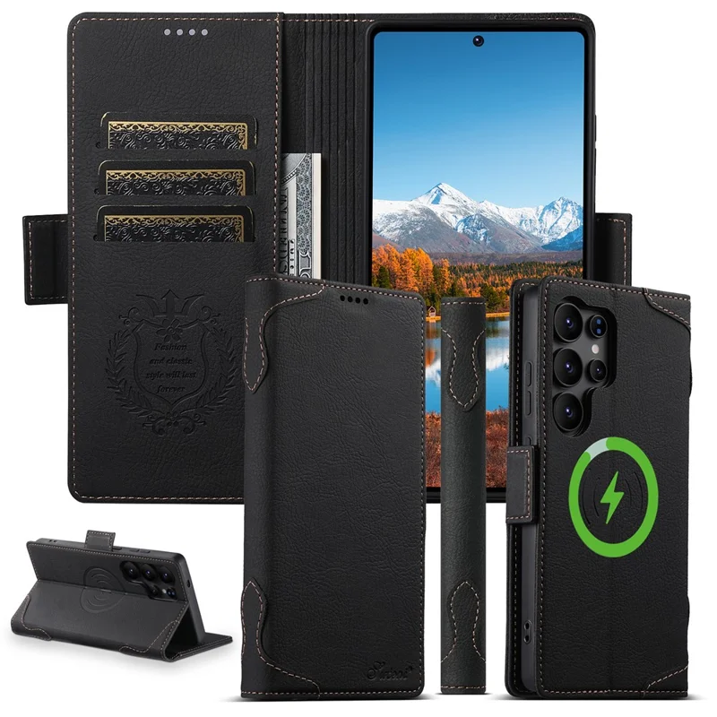 SUTENI J07 Чехол для Samsung Galaxy S24 Ultra совместимый с MagSafe, с текстурой личи, кожаный бумажник, чехол для телефона - черный