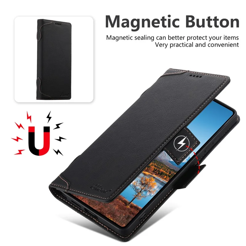 SUTENI J07 Чехол для Samsung Galaxy S24 Ultra совместимый с MagSafe, с текстурой личи, кожаный бумажник, чехол для телефона - черный