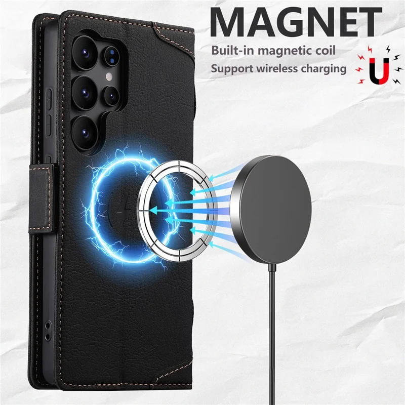 SUTENI J07 Чехол для Samsung Galaxy S24 Ultra совместимый с MagSafe, с текстурой личи, кожаный бумажник, чехол для телефона - черный