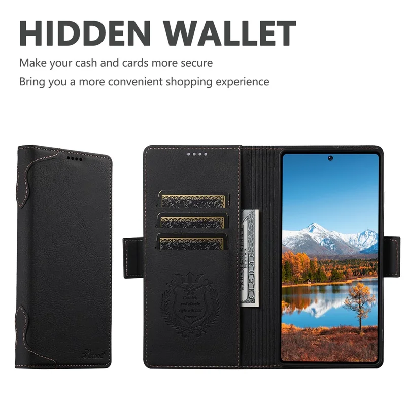 SUTENI J07 Чехол для Samsung Galaxy S24 Ultra совместимый с MagSafe, с текстурой личи, кожаный бумажник, чехол для телефона - черный