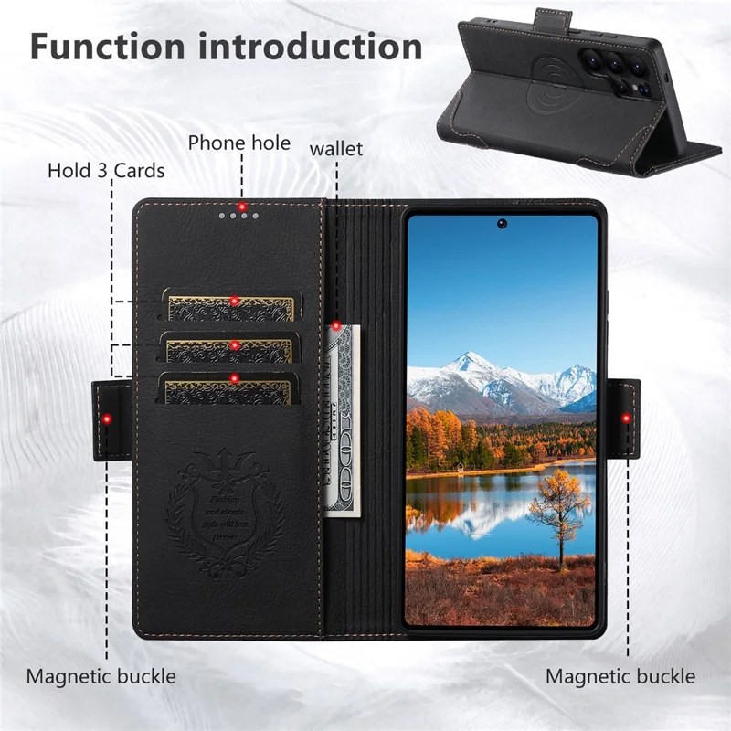 SUTENI J07 Чехол для Samsung Galaxy S24 Ultra совместимый с MagSafe, с текстурой личи, кожаный бумажник, чехол для телефона - черный