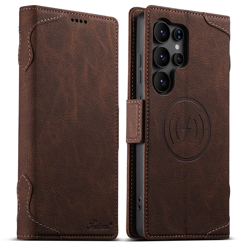 SUTENI J07 For Samsung Galaxy S25 Ultra Case Compatible with MagSafe Litchi Texture Leather Wallet Phone Cover - Brown