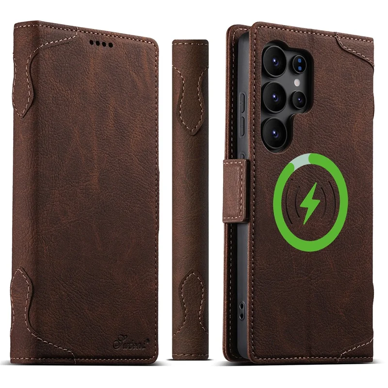 SUTENI J07 For Samsung Galaxy S25 Ultra Case Compatible with MagSafe Litchi Texture Leather Wallet Phone Cover - Brown