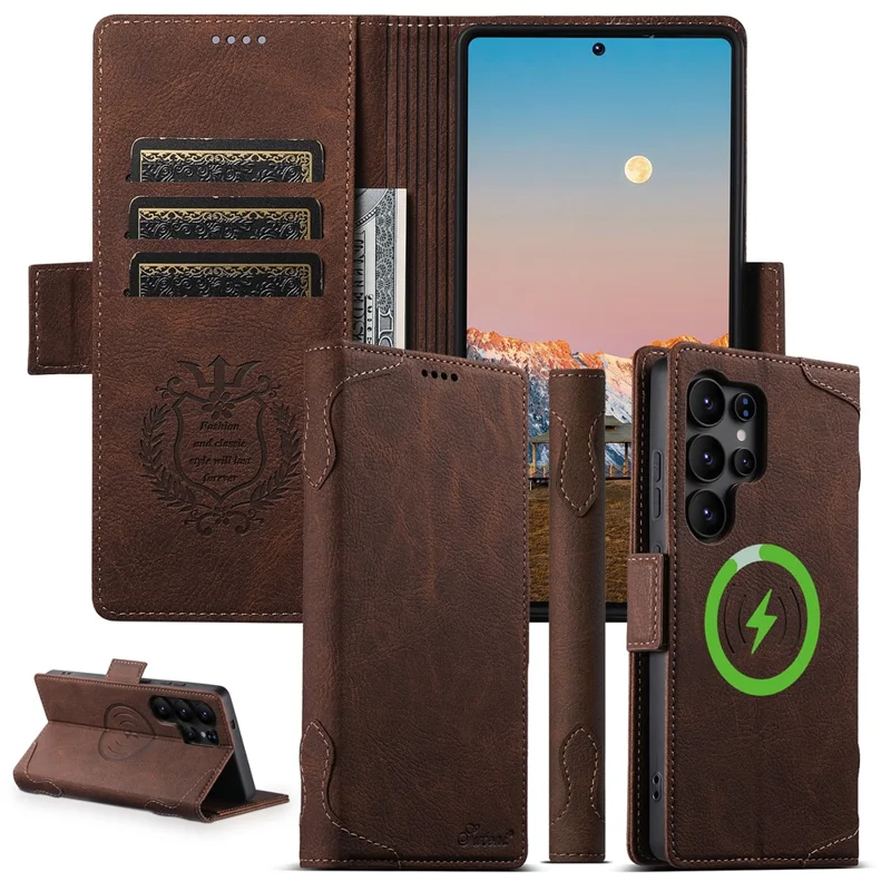 SUTENI J07 For Samsung Galaxy S25 Ultra Case Compatible with MagSafe Litchi Texture Leather Wallet Phone Cover - Brown