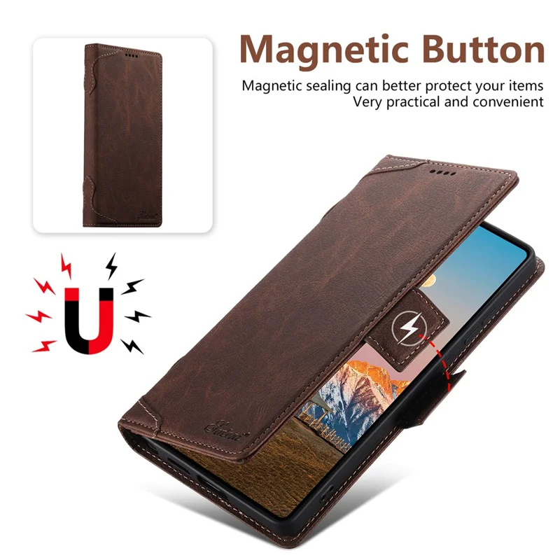SUTENI J07 For Samsung Galaxy S25 Ultra Case Compatible with MagSafe Litchi Texture Leather Wallet Phone Cover - Brown