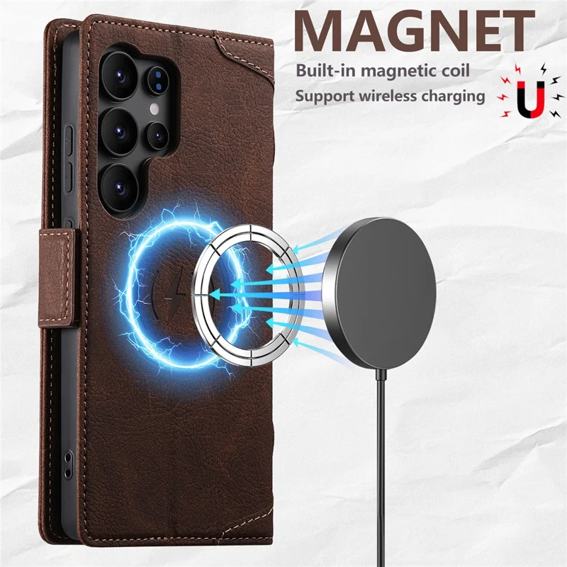 SUTENI J07 For Samsung Galaxy S25 Ultra Case Compatible with MagSafe Litchi Texture Leather Wallet Phone Cover - Brown