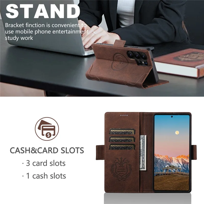 SUTENI J07 For Samsung Galaxy S25 Ultra Case Compatible with MagSafe Litchi Texture Leather Wallet Phone Cover - Brown