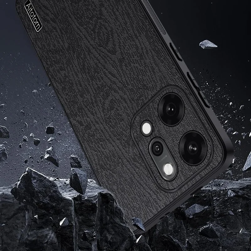For Oppo Reno14 Pro 5G (Global) Case Wood Texture PU Leather Coated PC TPU Phone Cover - Black