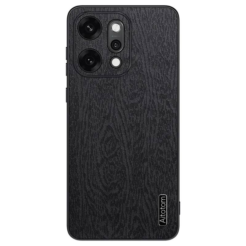 For Oppo Reno14 5G (Global) Case Wood Texture PU Leather Coated PC TPU Phone Cover - Black